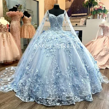 Angelsbrıdep Gökyüzü Mavi Quinceanera elbiseler 3D Kelebek Aplikler Sequins Prenses Tatlı 16 Balo Vestidos De 15 Años