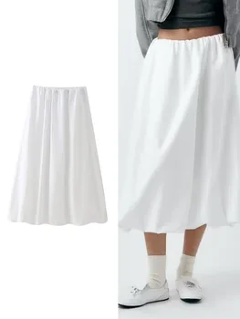 TRAF Midi Etek Kadınlar İçin Moda Streetwear Beyaz Elastik Bel A-line Vintage Gevşek Kabarcık Maxi Etek Kadın Rahat