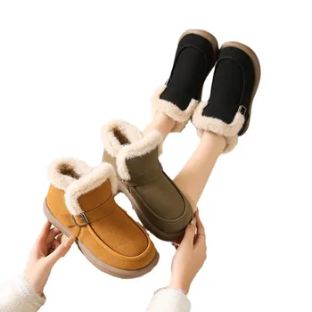 Kalın Tabanlı Kar Botları Kadınlar için 2023 Kış Peluş Sıcak pamuklu ayakkabılar Kalınlaşmış Kısa Çizme Rahat kaymaz pamuklu ayakkabılar Kadınlar için