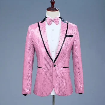 Pembe Pullu Bir Düğme Elbise Blazers Marka Yeni Gece Kulübü Balo Erkek Takım Elbise Ceket Düğün Sahne Şarkıcı Kostüm (Papyon Dahil)