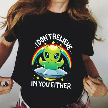 Grafik Bayan Tshirt Karikatür UFO Uçan Daire Mektup Gömlek Ben inanmıyorum Senin Ya Kısa Kollu Harajuku Moda Kız Tee