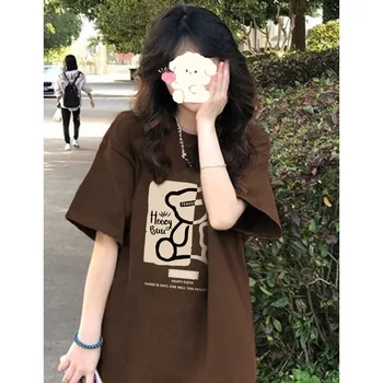Kore Tarzı Kadın T-Shirt Sevimli Baskı Kısa Kollu Yuvarlak Yaka Bayan T-shirt Pamuk Spandex Kadınlar için Tops