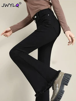 Klasik Yüksek Bel Ham Kenar Çan Alt Kot Bahar Sonbahar İnce Streç Flare Kot Vintage Streetwear Denim Pantolon Vaqueros