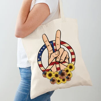 Kadın kanvas çanta Barış İşareti omuzdan askili çanta Amerika Temmuz Dördüncü Alışveriş Çantaları moda çantalar Büyük Kapasiteli Kadın Tote Çanta