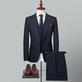 Yeni (Blazer + Yelek + Pantolon ) erkek Moda İş Rahat Resmi Çizgili Zarif Profesyonel Kıyafet Mikro Elastik 3 parçalı Set