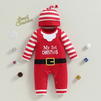 Yenidoğan Bebek Giysileri Noel Santa Kostüm Şerit Mektup Baskı Yuvarlak Boyun Uzun Kollu çocuk tulumları Şapka çocuk giyim