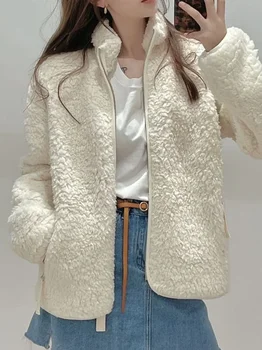Sonbahar Kış Kadın Sıcak Gevşek Kürk Polar Ceket Ceket Faks Kuzu Yün Ceket Kadın Kalın Fermuar Sıcak Vintage Kadın Palto