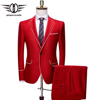 Kırmızı Beyaz Erkekler Düğün Takımları 2023 High-end Son Pantolon Ceket Tasarımları 2 Parça Damat Smokin Elbise Akşam Yemeği Ev Sahibi Sahne Takım Elbise Adam Q822