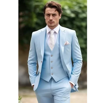 Yeni Varış Katı Erkek Takım Elbise Gökyüzü Mavi Zarif Resmi Rahat Akıllı Düğün Damat Smokin Notch Yaka Tek Göğüslü 3 Parça Set