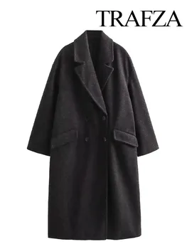 TRAFZA Kadın Moda Vintage Yaka Düz Palto Rahat Kruvaze Ofis Bayan Uzun Ceket Sonbahar Kış Streetwear Mont