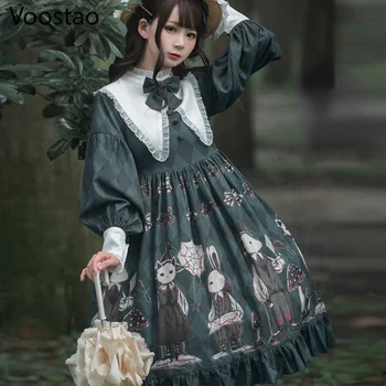 Vintage Tatlı Harajuku Lolita OP Elbise Kadınlar Gotik Yay Tavşan Koyu Mantar Baskı uzun kollu parti elbiseleri Kız Kawaii Elbise