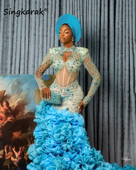 Lüks Mermaid Afrika balo kıyafetleri Uzun Kollu Kristaller Boncuk Abiye giyim Zarif Ruffles Katmanlı Gelinlikler