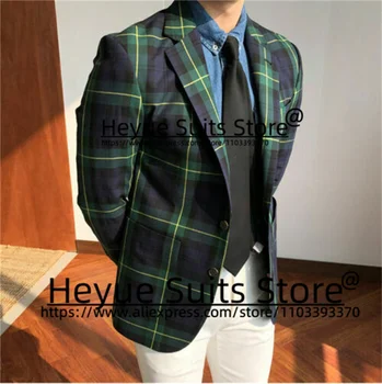 Ingiliz Resmi Yeşil Ekose Erkek Takım Elbise Slim Fit Çentikli Yaka Damat Düğün Smokin 2 Adet Setleri Iş Erkek Blazer Kostüm Homme