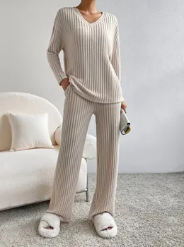 Katı Kadın Sonbahar kışlık pijama Seti 2 Adet V Boyun Uzun Kollu Nervürlü Örgü Üstleri ve Elastik Bel Gevşek pantolon Setleri Ev Loungewear