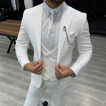 Beyaz Takım Elbise Erkekler Düğün İçin İtalyan Tarzı Damat Giyim Smokin Slim Fit 3 Parça Ceket Yelek Pantolon Erkek Blazer İş Parti Elbise