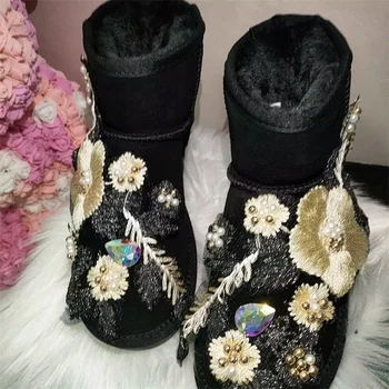 Rhinestone çiçek Kış sıcak çizmeler polar İnci sequins el yapımı özel kürk tek parça çizmeler kadın artı boyutu 35-44