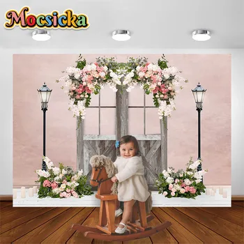 Mocsıcka Bahar Fotoğraf Backdrop Çiçek ahşap kapı Bebek Duş Aile Toplamak Dekor Arka Plan Portre Fotoğraf Stüdyosu Sahne