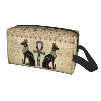 Mısır Kediler Ve Ankh Çapraz Seyahat Kozmetik Çantası Antik Mısır Tuvalet Makyaj Organizatör Bayanlar Güzellik Depolama Dopp Kiti