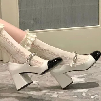 Kadınlar için Ayakkabı 2023 Moda Mary Janes Pompaları Sonbahar Yeni Fransız Kare burunlu yüksek Topuklu Yüksek Kaliteli Retro Küçük deri ayakkabı