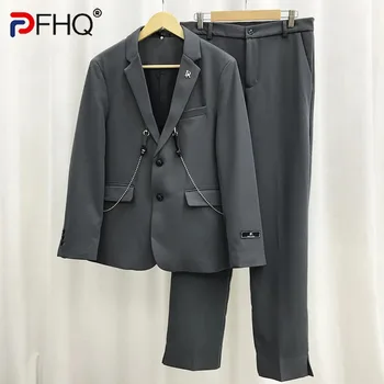PFHQ erkek Yüksek Kaliteli Zincir Aksesuarları Takım Elbise Seti Moda Darkwear Basiness Kişilik Baggy Açık Blazers Sonbahar 21Z1159