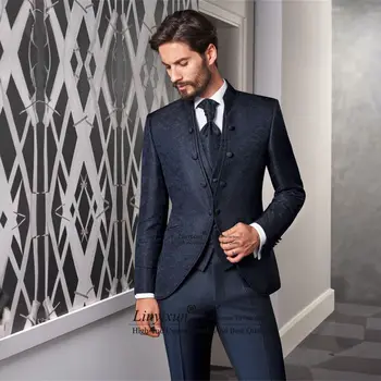 Italyan Standı Yaka Düğün Takımları Erkekler İçin Slim Fit Jakarlı Damat Smokin 3 Adet Klasik Blazer Terno Masculinos Completo