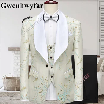 Gwenhwyfar Bambu Desen Yeni Varış Yakışıklı Groomsmen Mandarin Yaka Damat Smokin Erkek Takım Elbise Düğün En Iyi Erkek Blazer Pantolon Yelek