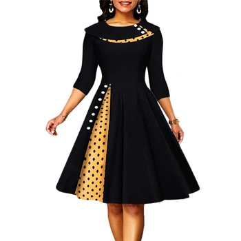 Kadınlar için Vintage Elbise Rockabilly Polka Dot Baskı Seksi Patchwork Uzun Kollu Yüksek Bel Salıncak Rahat Parti Midi Vestidos Robe