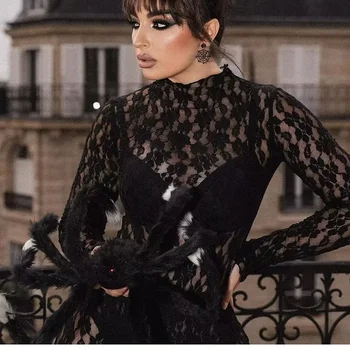 Kadın Bahar Moda Seksi Dantel Siyah Sıska Bodysuits Vintage Uzun Kollu Şeffaf Kadın Playsuits Casual Tops Vestidos