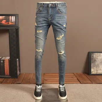 Yüksek Sokak Moda Erkek Kot Retro Mavi Elastik Streç Slim Fit Yırtık Kot Erkekler Yamalı Tasarımcı Vintage Denim pantolon Hombre