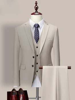 Erkek Takım Elbise Üç parçalı (Ceket + Yelek + Pantolon ) High-end Marka Resmi İş Damat düğün elbisesi Düz Renk Takım Elbise