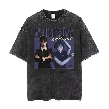 Yıkanmış T Shirt Jenna Ortega Hip Hop Vintage T-Shirt Çarşamba Addams Streetwear %100 % Pamuk Yaz Üstleri Tees Tops Erkekler Kadınlar