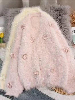 Örme Hırka Kadın Sonbahar Kış Yeni Kazak V Yaka Palto Kısa Jumper Çiçek Kazak Moda Hırka Uzun Kollu Üstleri