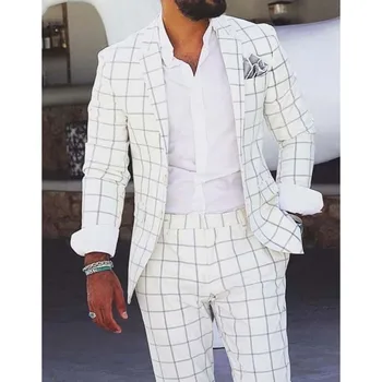 Yeni Varış Beyaz Ekose Takım Elbise Erkekler için Moda Çentik Yaka İş Rahat Slim Fit Erkek Takım Elbise Resmi Düğün Smokin 2 parça