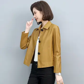 Kadın Ceket Sonbahar Rahat Deri Kare Yaka Uzun Kollu Geniş belli Düz Renk Ceket Streetwear T639