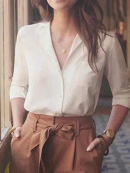 Cepli Kadın Bluz 2023 Yeni %100 İpek Çentikli Banliyö Yumuşak Düz Renk Beyaz Gömlek