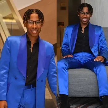 Kraliyet Mavi Şal Yaka Kruvaze Zarif erkek Takım Elbise Blazer Resmi 2 Parça Ceket Pantolon Özelleştirilmiş Slim Fit Kostüm Homme