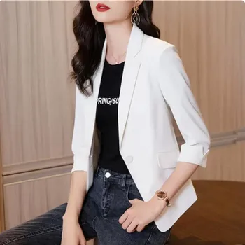 Bahar Katı İnce Kadın Blazer 2023 Yeni Uzun Kollu İnce kısa takım Elbise Ceket Ceket Bir Toka Bluzlar Beyaz Kadın Giyim A1165