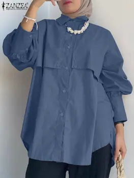 2023 ZANZEA Kadınlar Sonbahar Gömlek Moda Yaka Boyun uzun Kollu Bluz Vintage Katı Gevşek müslüman Üstleri Rahat Dubai Türkiye Blusas