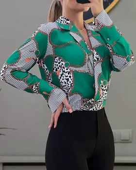 Rahat Uzun Kollu Baskı Gömlek Üst kadın Mizaç Bahar Sonbahar Moda Basit Polo Kazak Bluzlar Zarif Parti Blusas