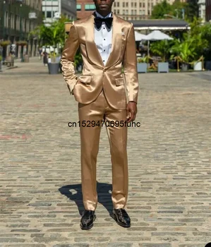 Altın Ipek Saten Erkek Takım Elbise Blazer Pantolon Damat Balo Parti Düğün Tuxedos2 Adet Codtume Homme Mariage
