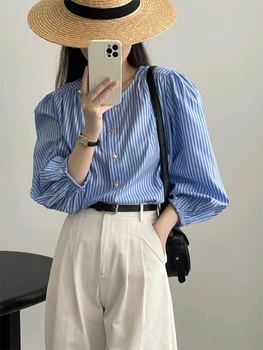 Rahat kadın Pamuklu Gömlek Şerit Hırka Gevşek Bluzlar Moda Tüm Maç Kadın Gömlek 2023 Sonbahar Yeni Zarif Kadın Bluzlar