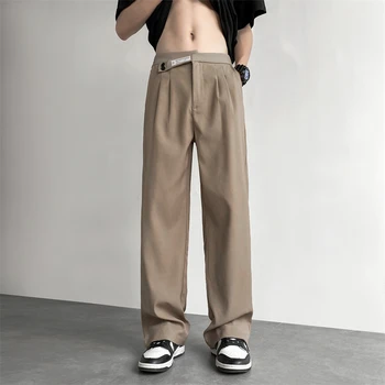 2024 İlkbahar ve Sonbahar erkek Düz Renk Slim Fit Düğme Fermuar Paris Düğmesi Rahat Moda Zarif Banliyö Takım Elbise Pantolon A08