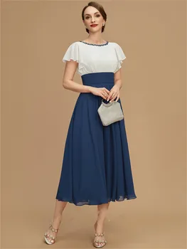 A-Line Scoop Boyun Çay Boyu Şifon anne gelinlik Fırfır Boncuk Sequins Zarif Uzun Düğün Konuk Elbise