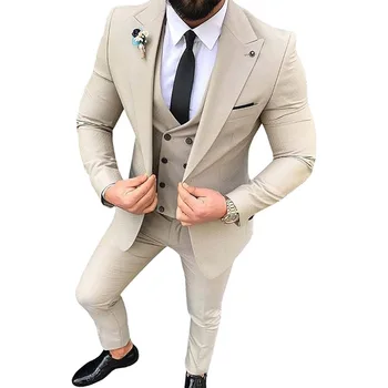 Erkek Takım Elbise 3 Parça Slim Fit Casual Groomsmen düğün elbisesi Tepe Yaka İş Smokin Resmi Düğün için (Blazer + Pantolon + Yelek)