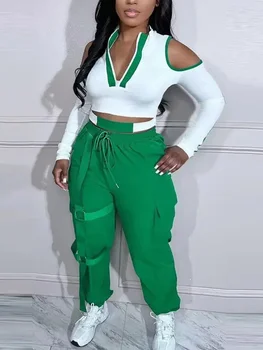 LW Çizgili 2 adet Pantolon Takım Elbise Bayan Sonbahar 2 Parça Yeşil Kıyafetler Cut Out Soğuk Omuz Üst ve İpli Kargo cepli pantolon