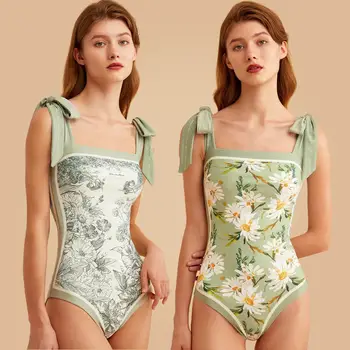 Yeni Vintage Baskılı Çift taraflı Aşınma Tek Parça Mayo Mayo Bandaj Yüzme Mayo Kadınlar Seksi Beachwear Kadın