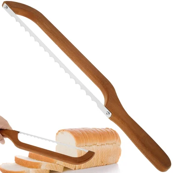 Ekmek Yay Kesici Tırtıklı Simit Kesici Paslanmaz Çelik Maya ekmek dilimleyici Taşınabilir Ekmek Kesme Aleti Bambu Saplı