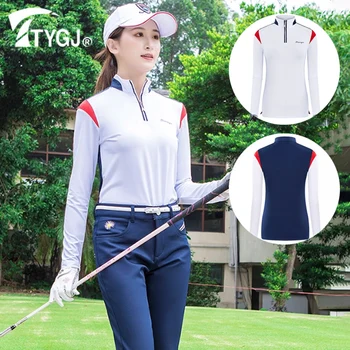 TTYGJ Kadın Golf POLO GÖMLEK Bayanlar Patchwork Fermuar Yaka Golf T-shirt Kadın Güneş Koruyucu Uzun Kollu Üstleri Hızlı Kuru Rahat Bluz