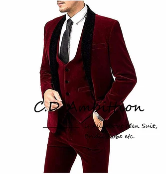 Kış Kırmızı Kadife Blazer Seti Akşam Yemeği Parti İçin Lüks Takım Elbise Erkek Şal Yaka Siyah 3 Pec Slim Fit Damat Düğün 2023 Custom Made