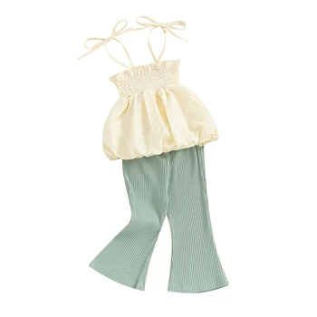 Toddler Bebek Kız Giysileri Spagetti Kayışı Dantelli Kolsuz Cami Üst Nervürlü Alevlendi pantolon seti Bahar Yaz Kıyafeti